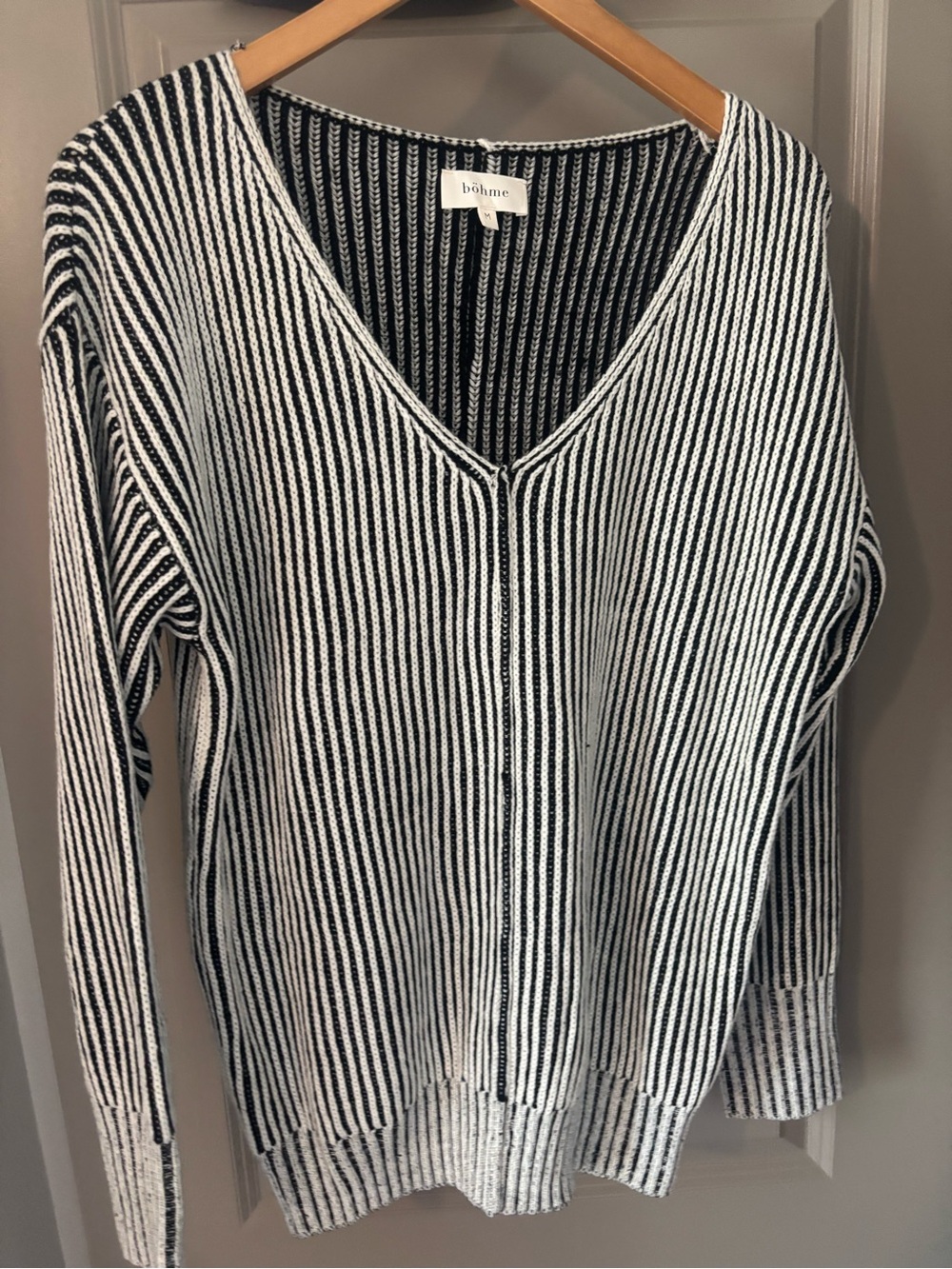 bohme Black and White Striped V-Neck Knit Top